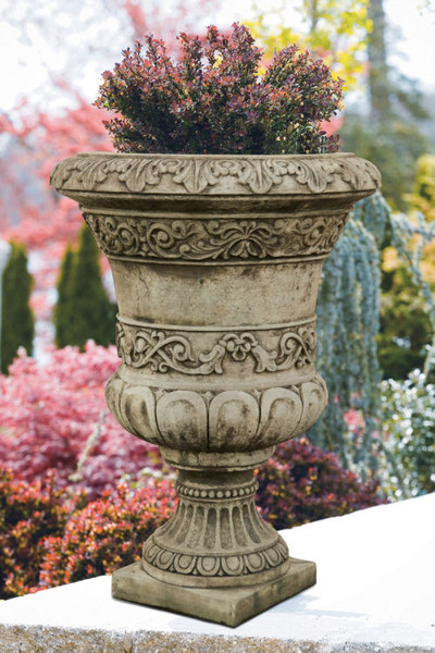 Scroll Leaf Urn ornate planter replicating Roman Grecian Cement